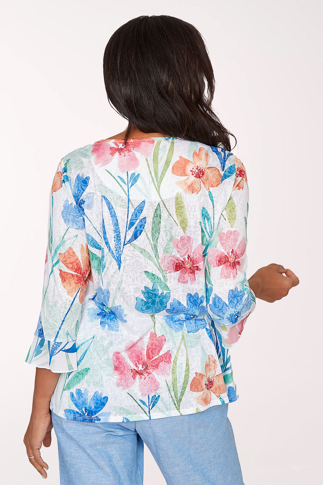 Caribbean Blues Whimsical Flowers Burnout Top