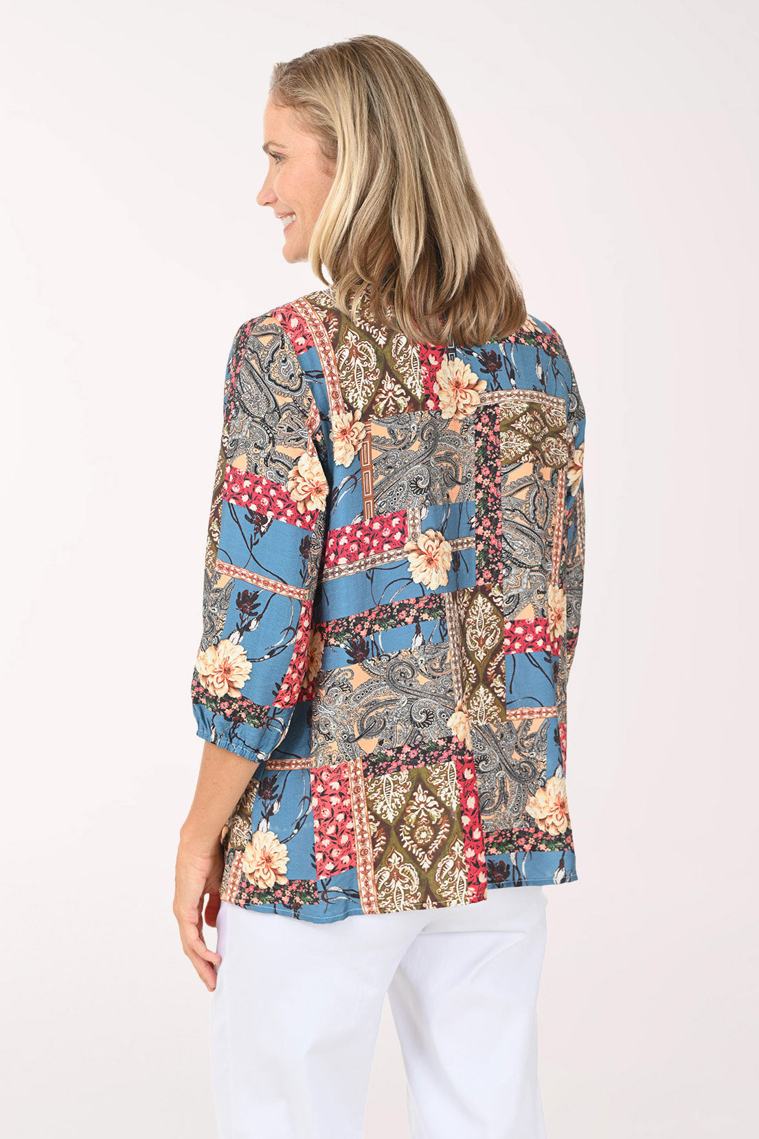 Patchwork Denim Trim Open Front Top