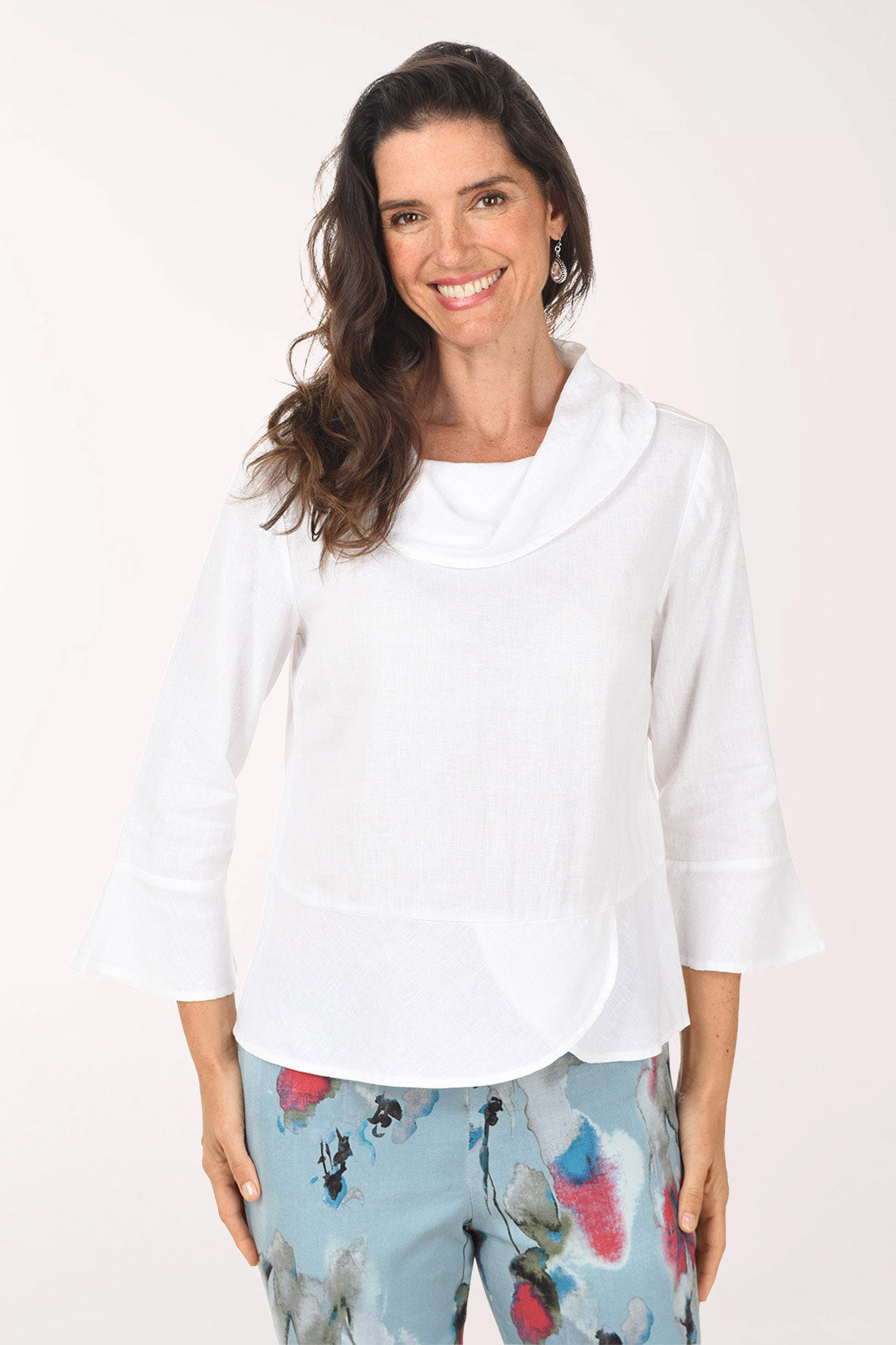 Solid Linen-Blend Cowl Neck Blouse
