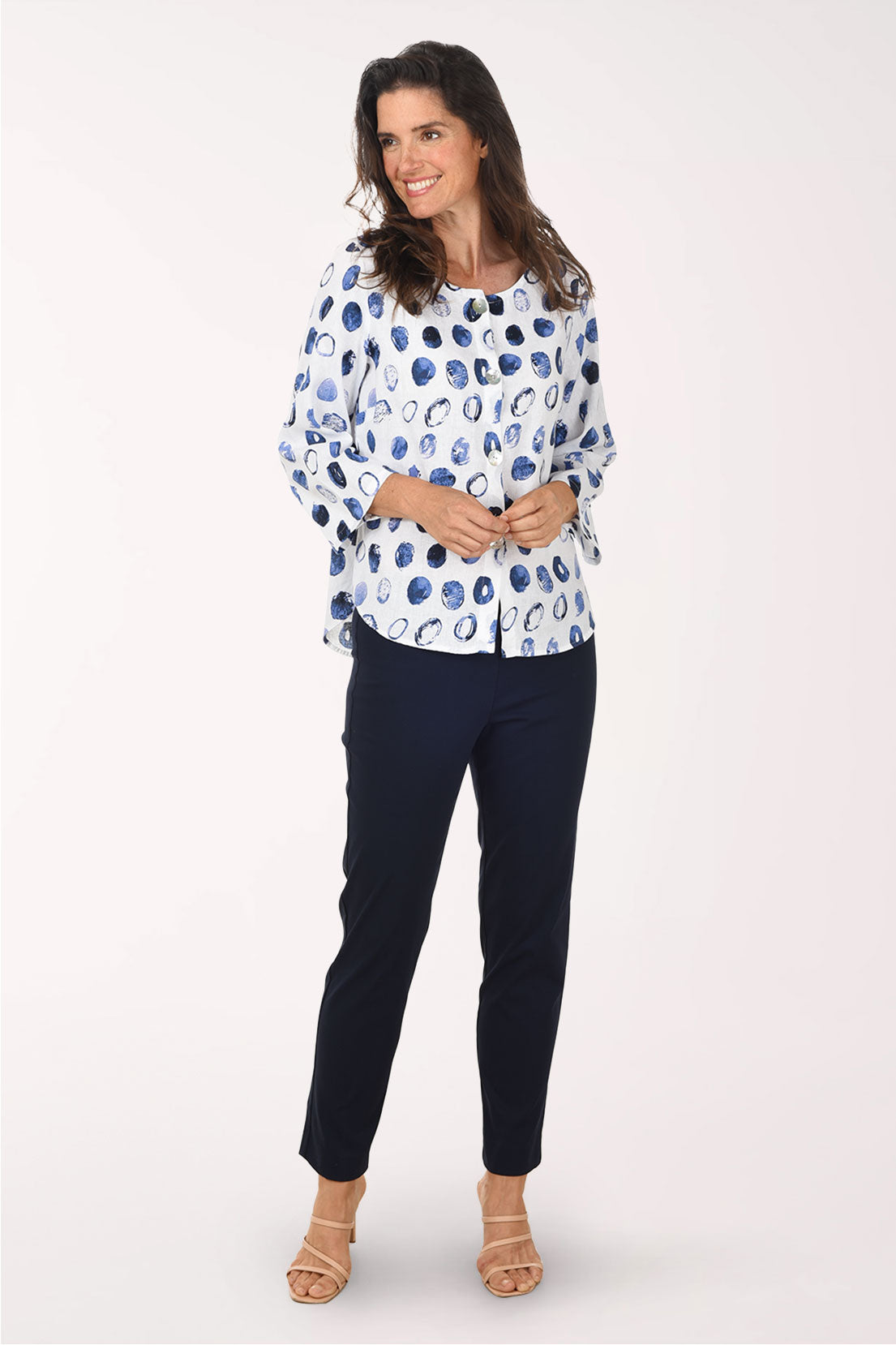 Blue Dots Linen-Blend Collarless Shirt
