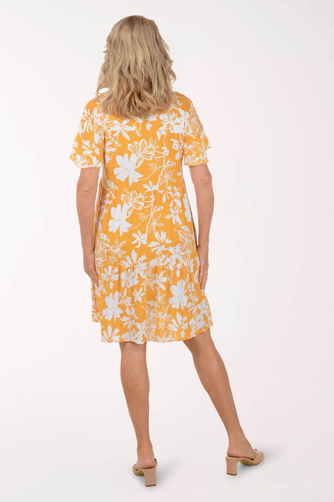 Golden Floral Flutter Sleeve Dress