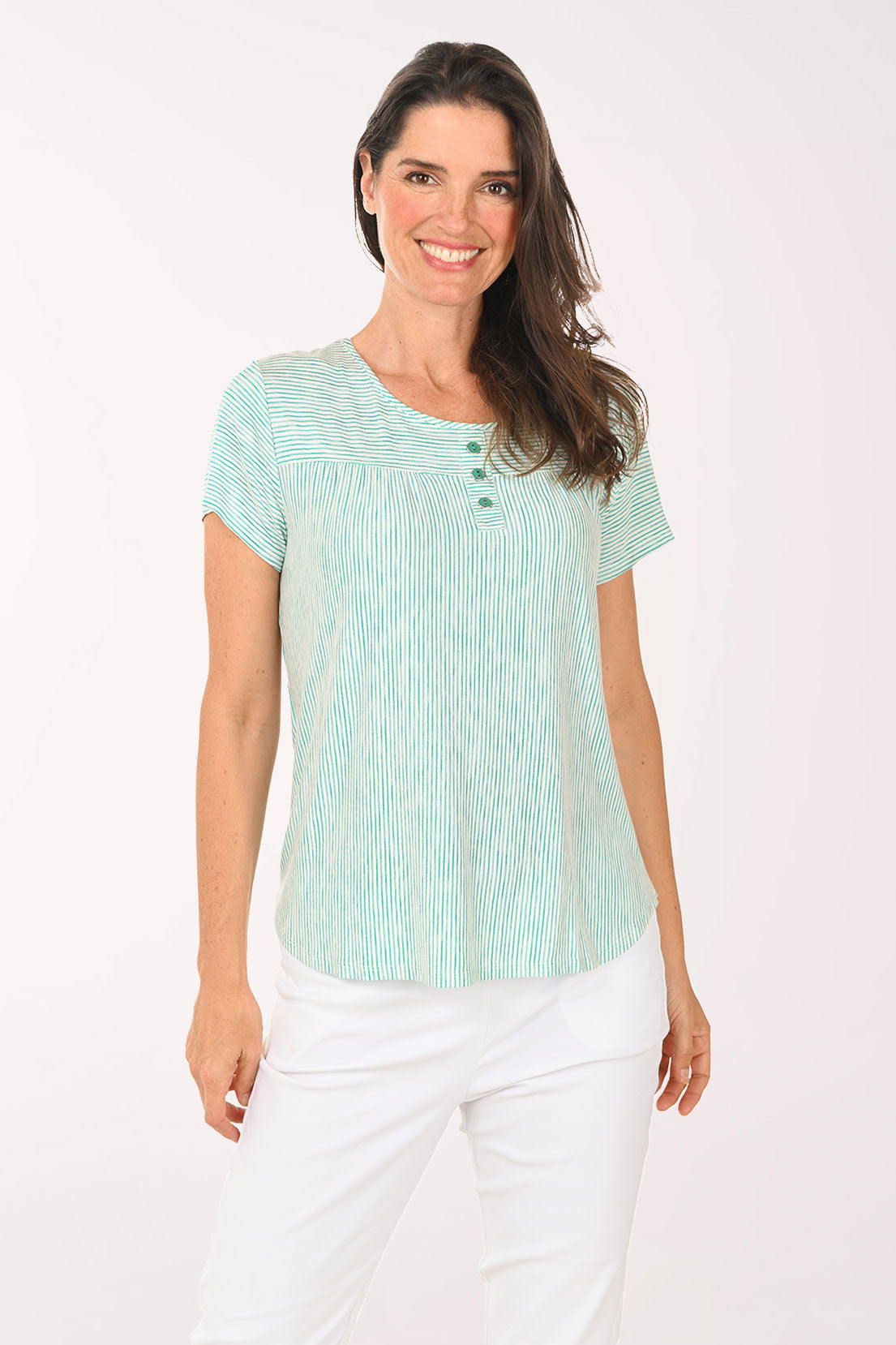 Striped Triple Button Short Sleeve Tee