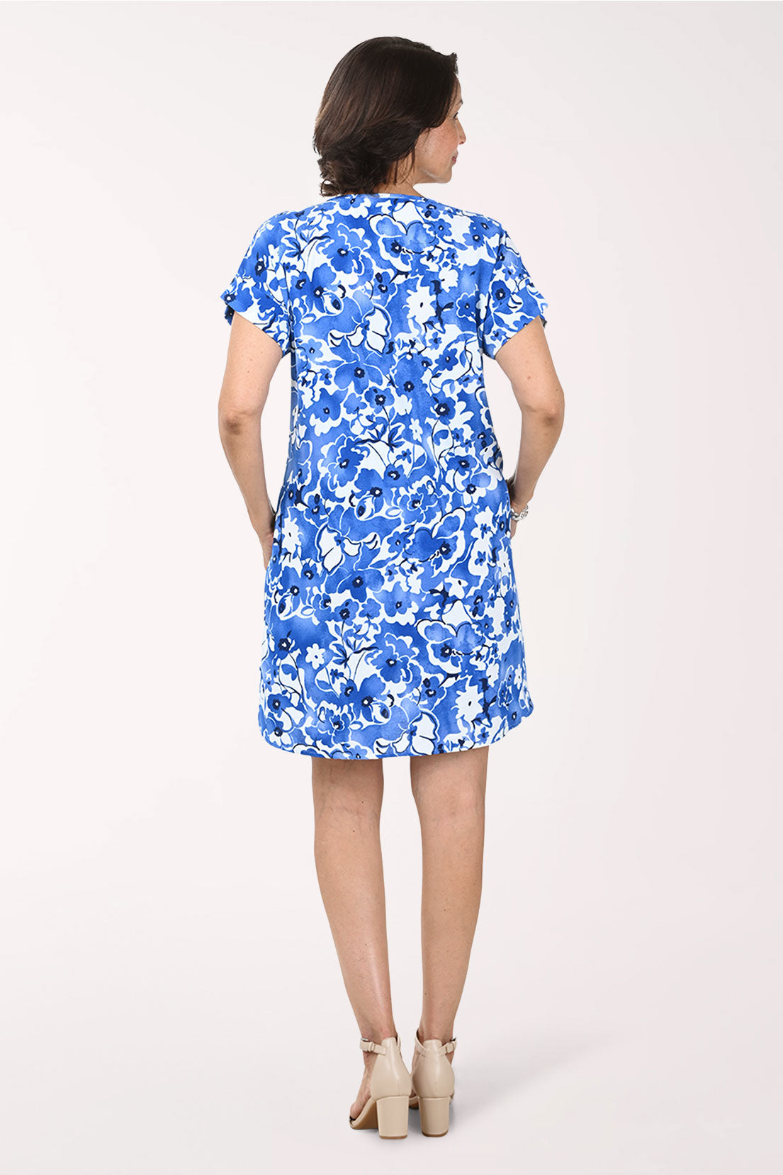 Blue Floral Cuffed Short Sleeve Dress