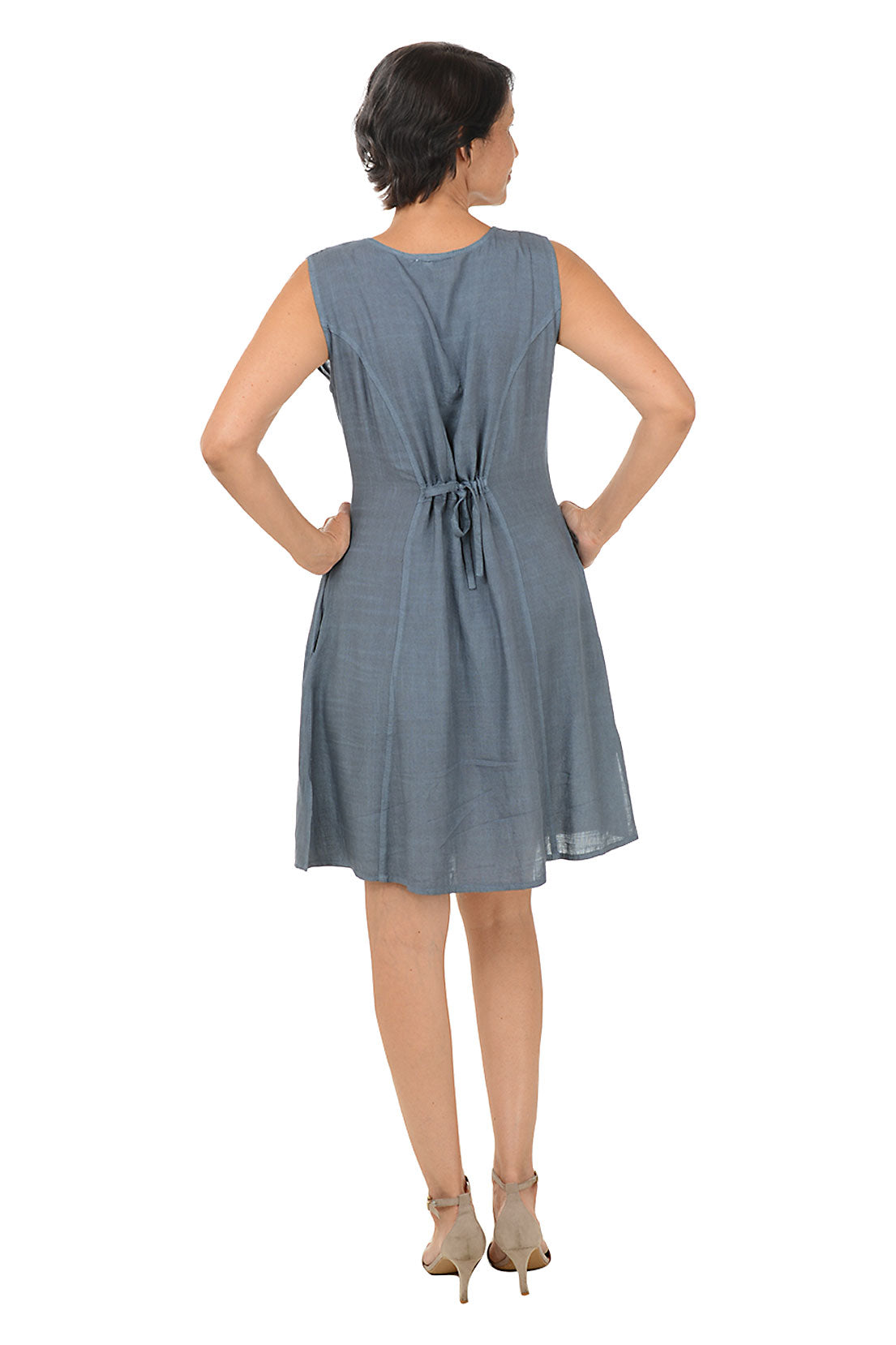 Grey Diamond Embroidery Pleated Sleeveless Dress