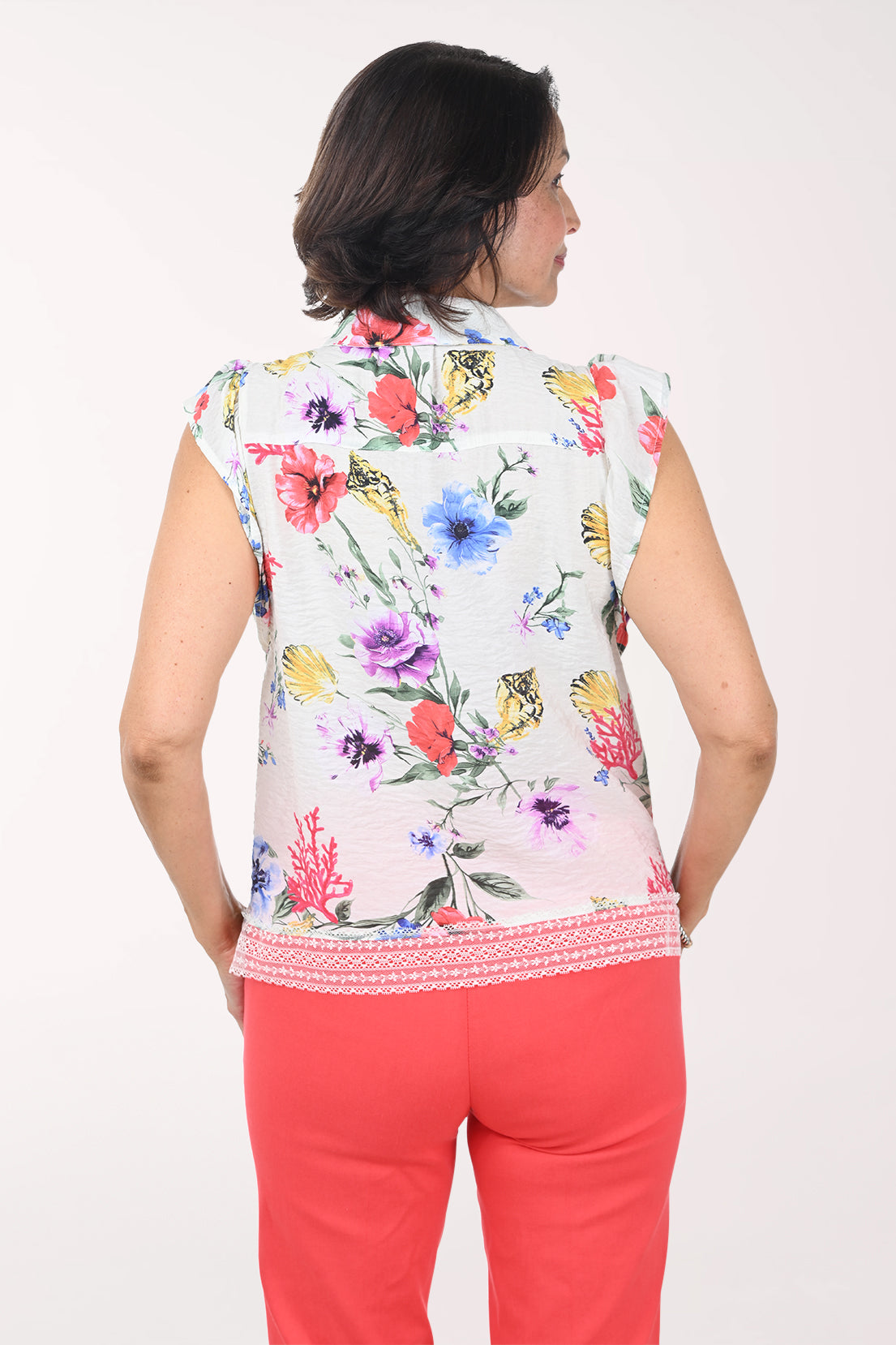 Floral Lace Trim Flutter Sleeve Blouse