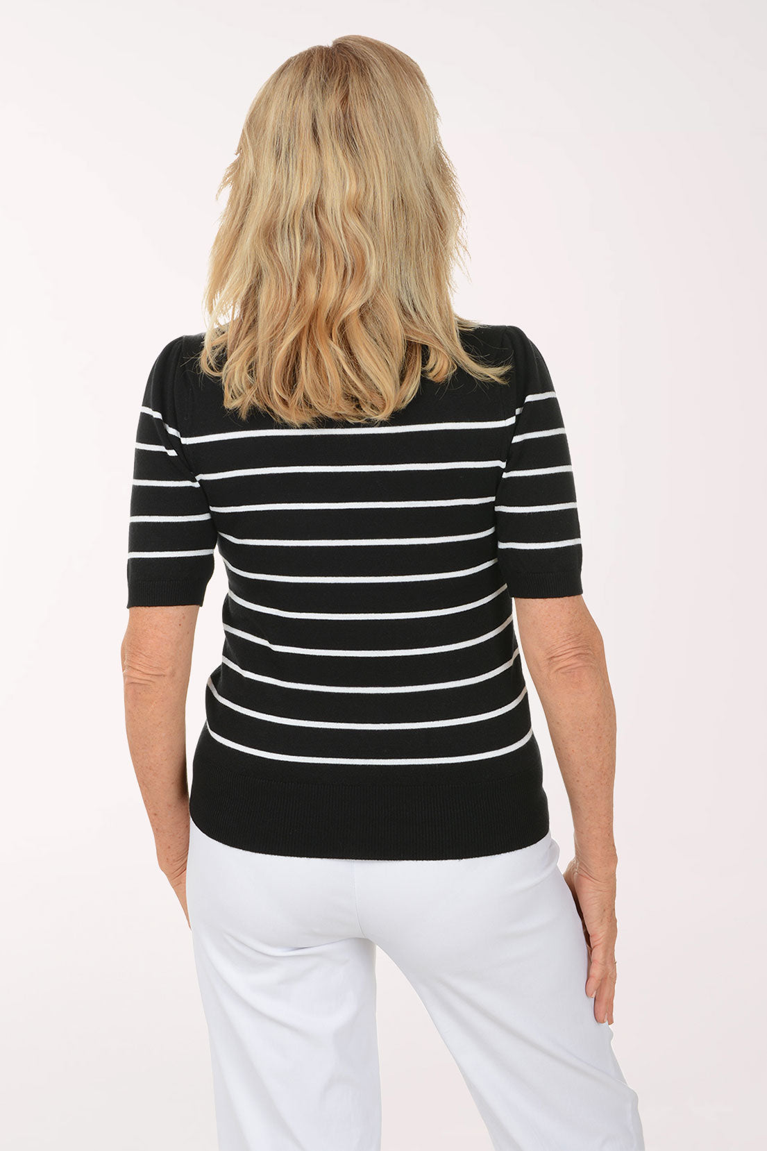 Black Looping Floral Striped Short Sleeve Sweater