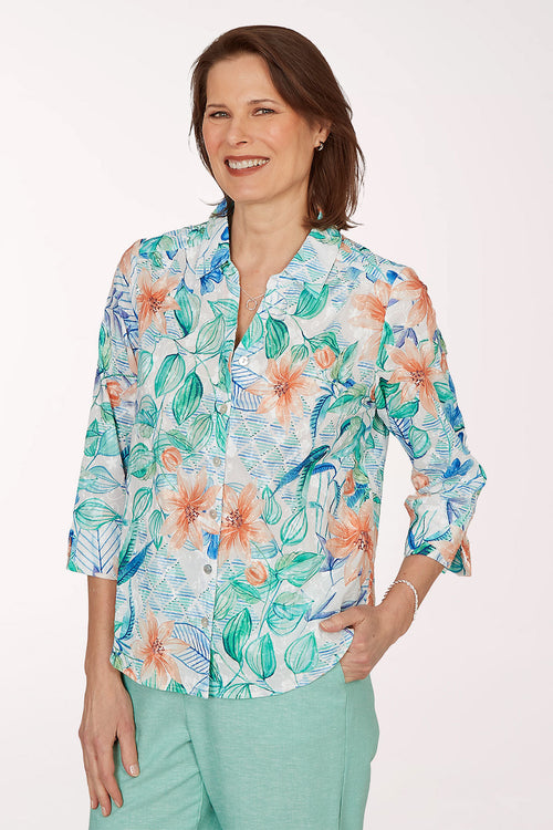 Caribbean Blues Embroidered Lilies Cotton Shirt