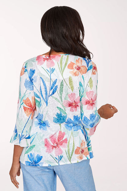 Caribbean Blues Whimsical Flowers Burnout Top