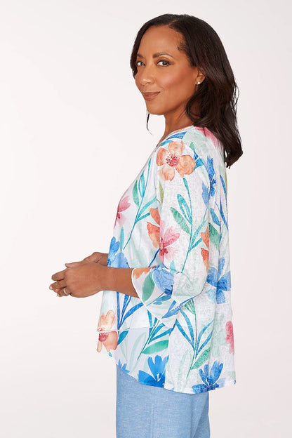 Caribbean Blues Whimsical Flowers Burnout Top