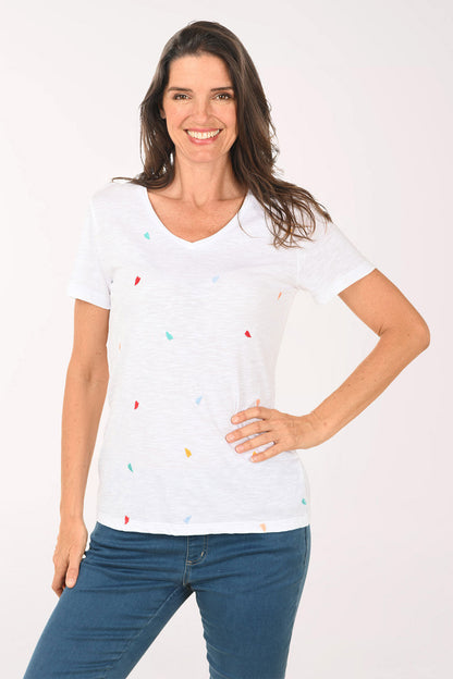 Embroidered Hearts V-Neck Tee