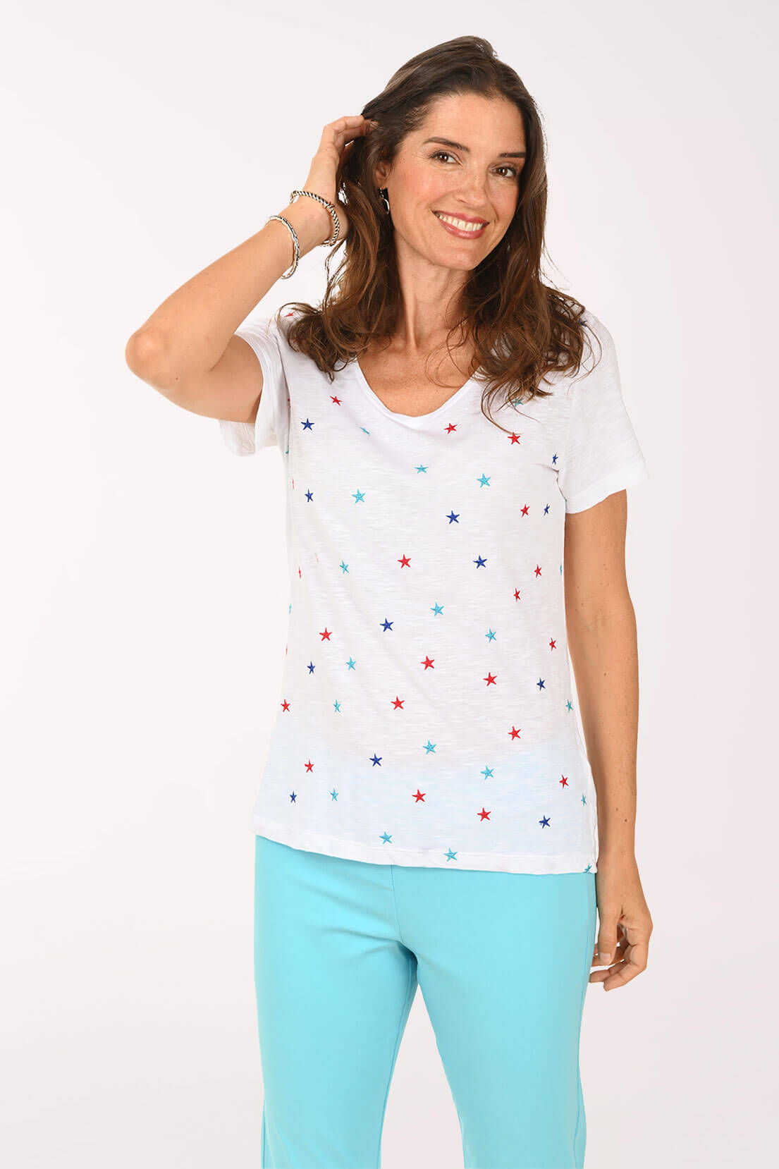 Embroidered American Stars V-Neck Tee
