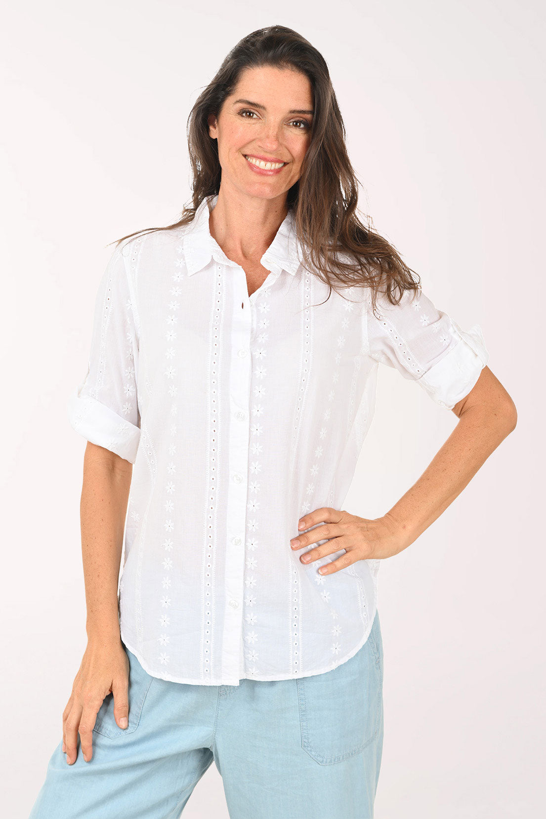 Solid Cotton Eyelet Roll Sleeve Shirt