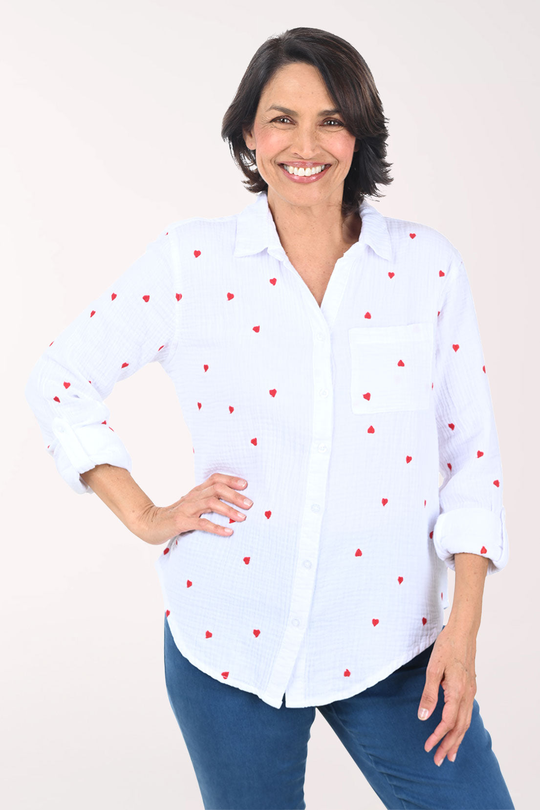 Embroidered Hearts Bubble Gauze Shirt