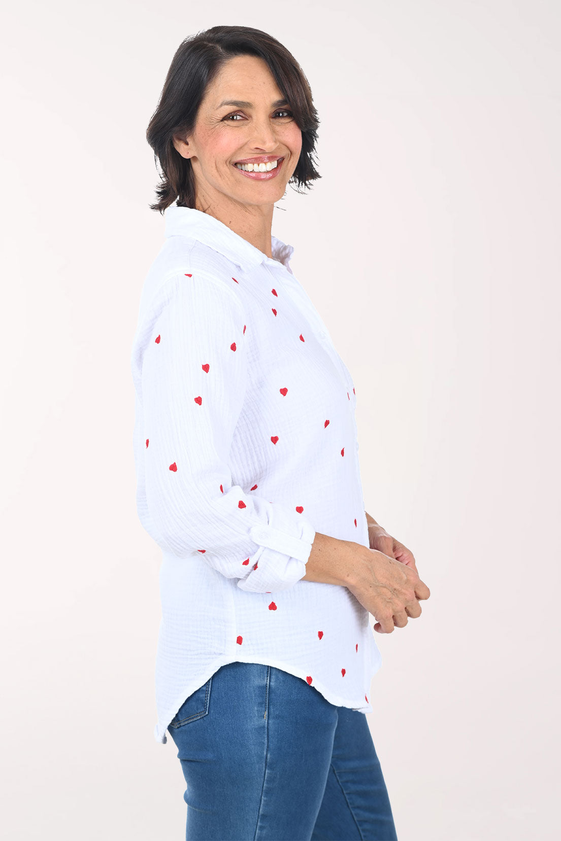 Embroidered Hearts Bubble Gauze Shirt