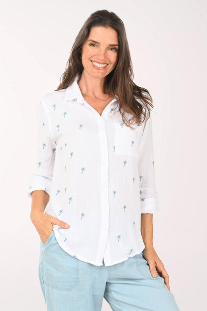 Embroidered Palm Tree Bubble Gauze Shirt