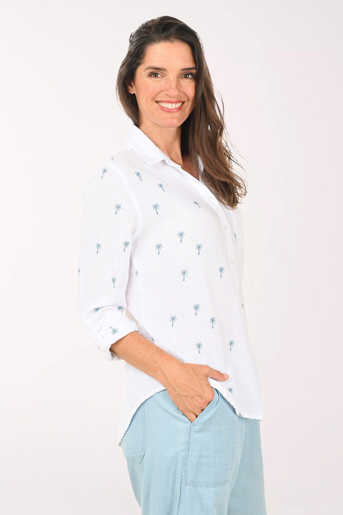 Embroidered Palm Tree Bubble Gauze Shirt