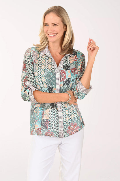 Green Patchwork Roll Sleeve Shirt