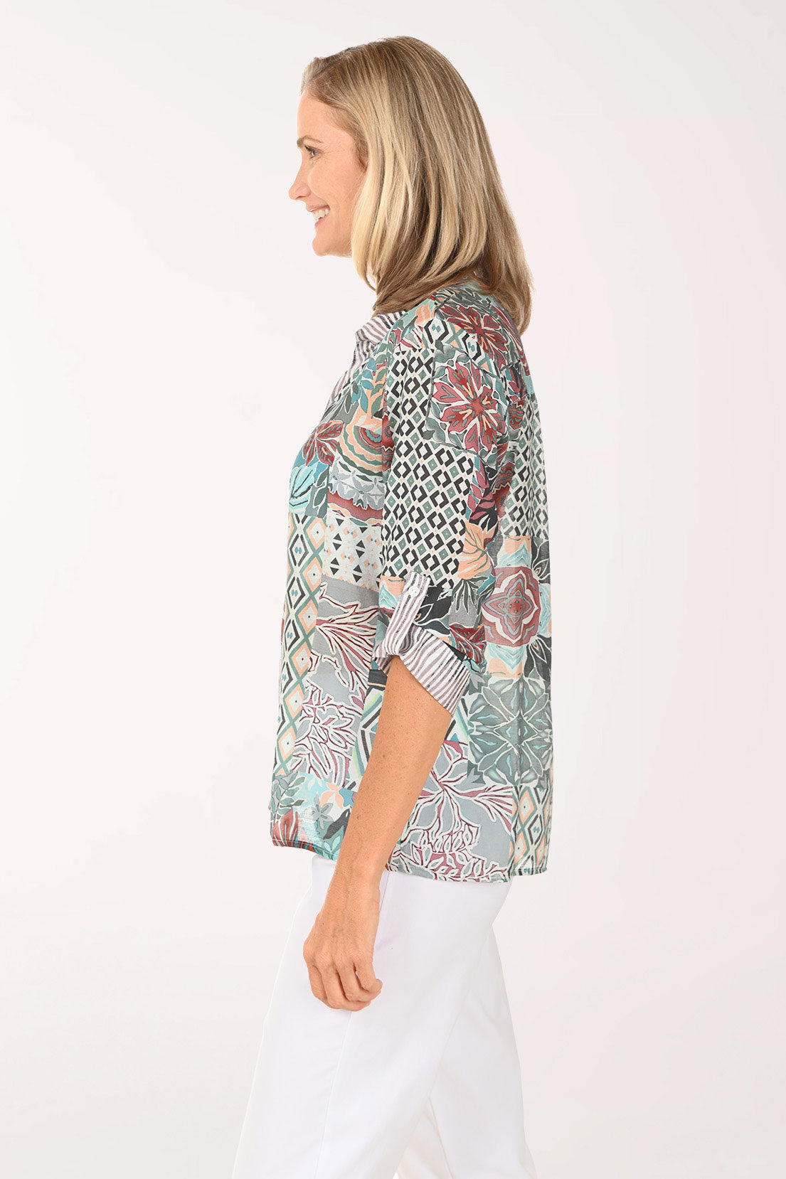 Green Patchwork Roll Sleeve Shirt