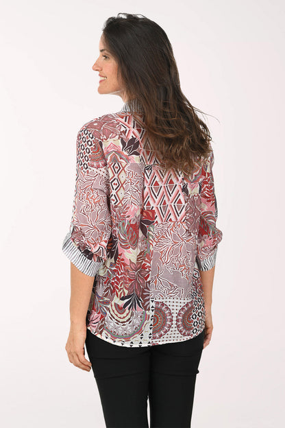 Pink Patchwork Roll Sleeve Shirt