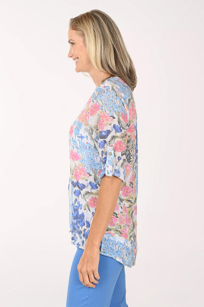 Tea Rose Bouquet Button-Front Blouse