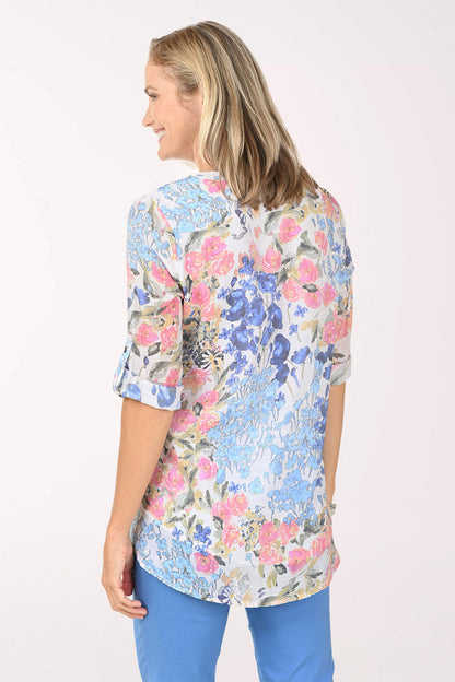 Tea Rose Bouquet Button-Front Blouse