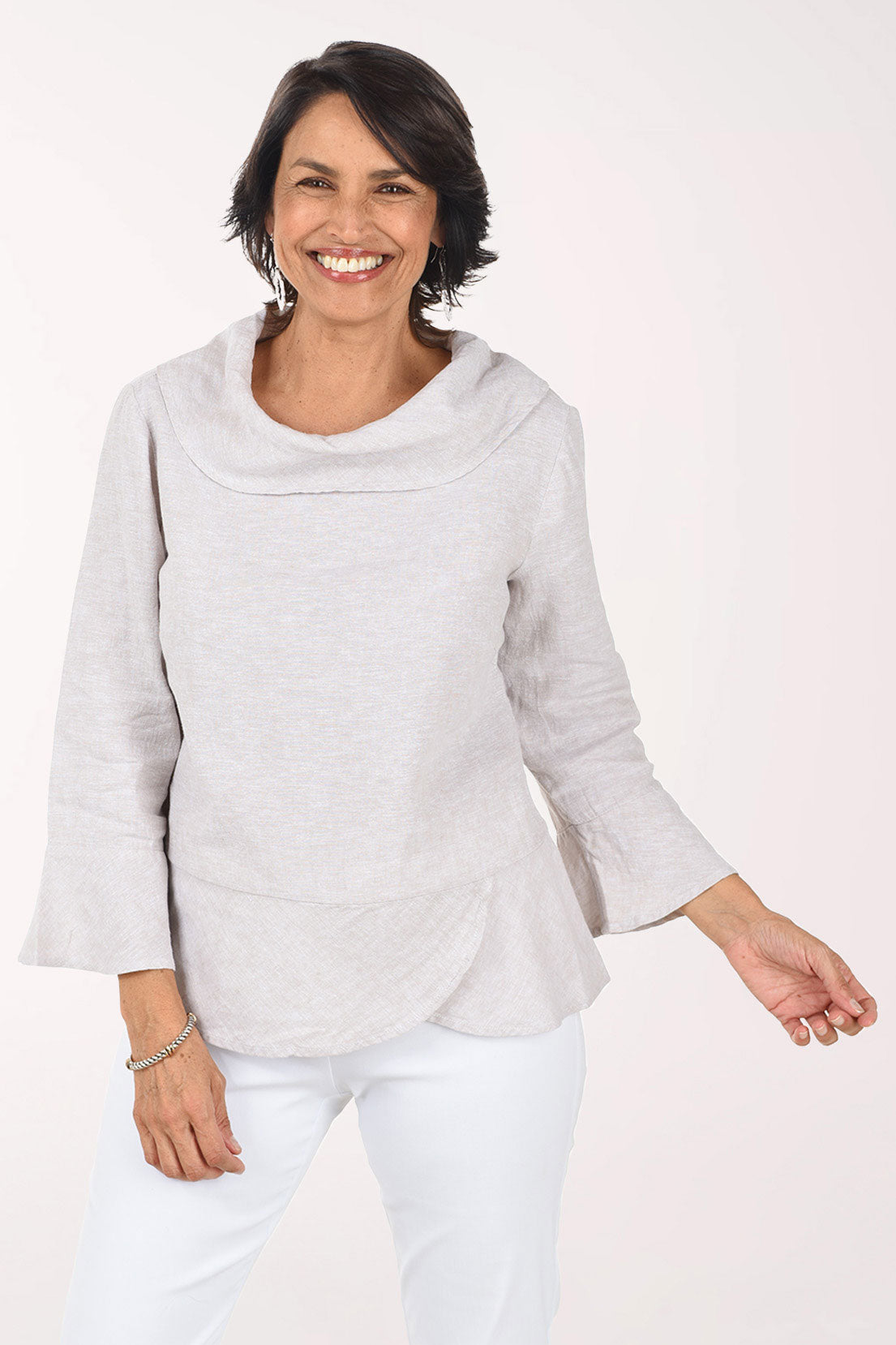 Solid Linen-Blend Cowl Neck Blouse