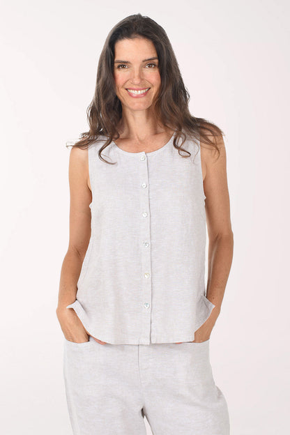 Solid Linen-Blend Button-Front Tank Top