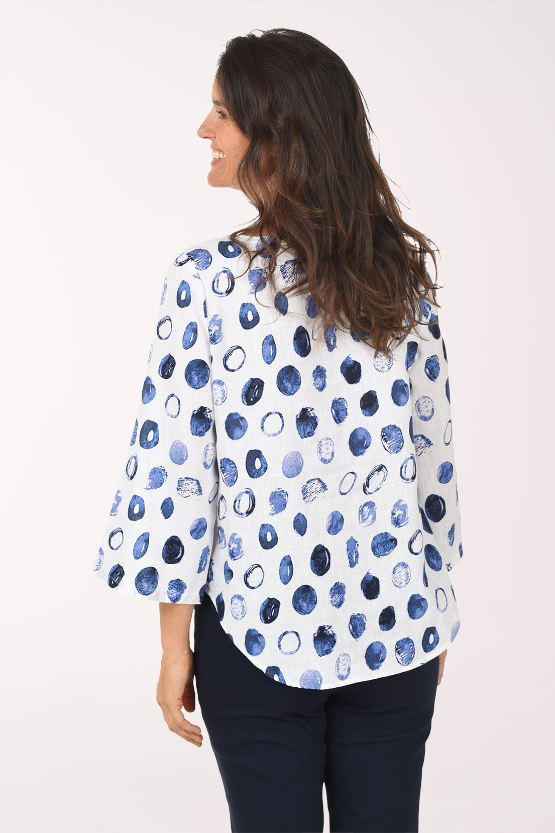 Blue Dots Linen-Blend Collarless Shirt