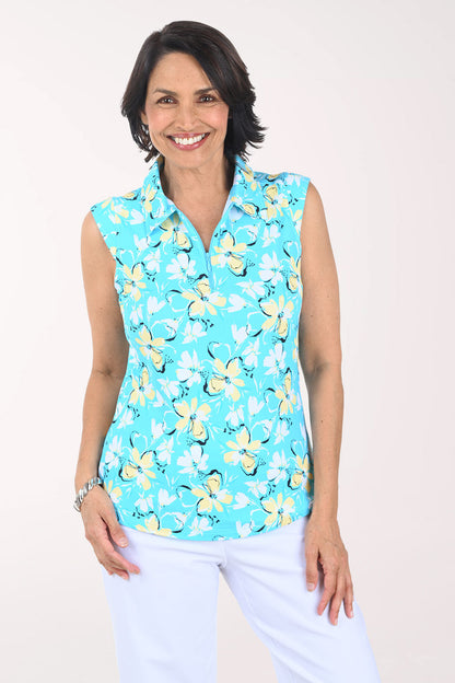 Seafoam Eleanor Flowers UPF50+ Sleeveless Polo Top
