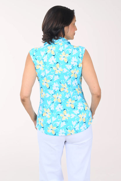 Seafoam Eleanor Flowers UPF50+ Sleeveless Polo Top