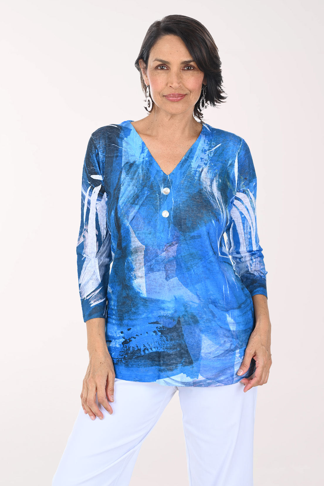 Blue Brushstrokes Button Back Top