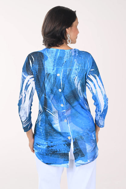 Blue Brushstrokes Button Back Top