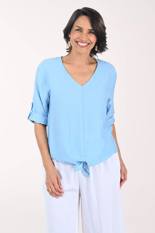 Linen-Blend Tie-Front Roll Sleeve Blouse