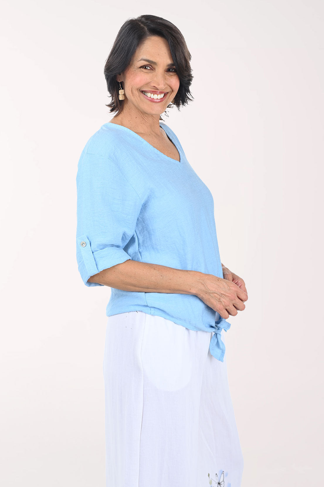 Linen-Blend Tie-Front Roll Sleeve Blouse