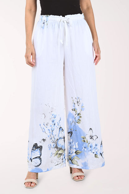 Blue Butterfly Linen-Blend Palazzo Pant