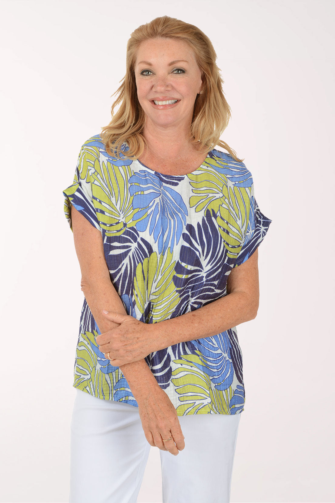 Lime Palm Leaves Short Sleeve Blouse