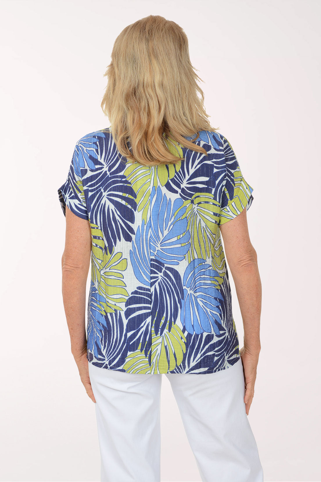 Lime Palm Leaves Short Sleeve Blouse