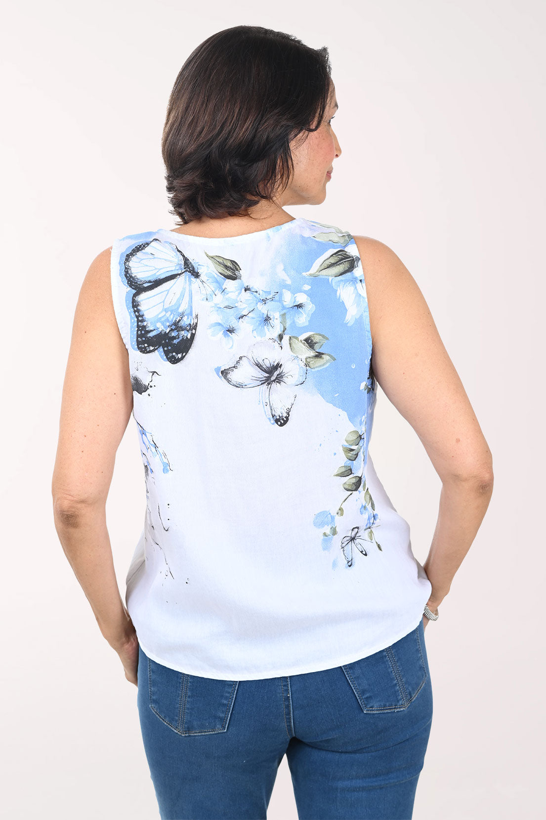 Blue Butterfly Linen-Blend Sleeveless Blouse
