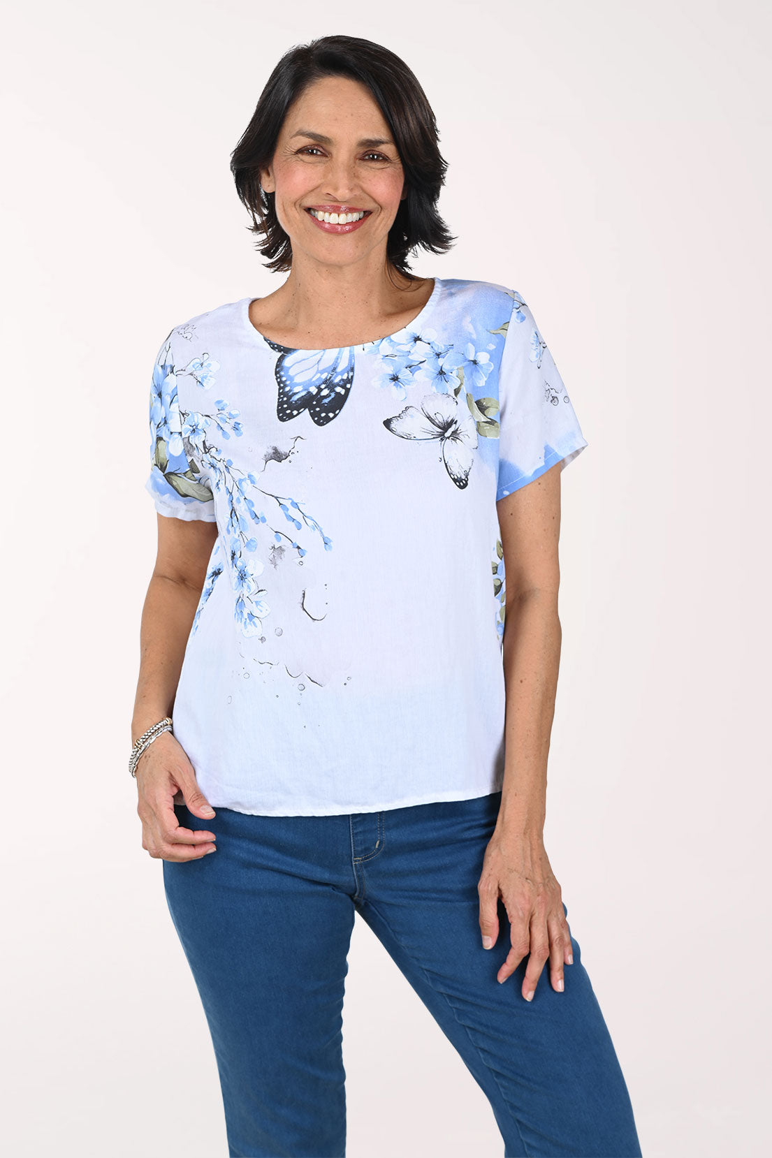 Blue Butterfly Linen-Blend Short Sleeve Top