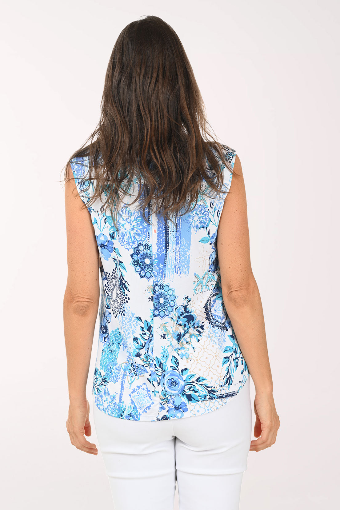 Blue Rose Potpourri Pleated Sleeveless Top
