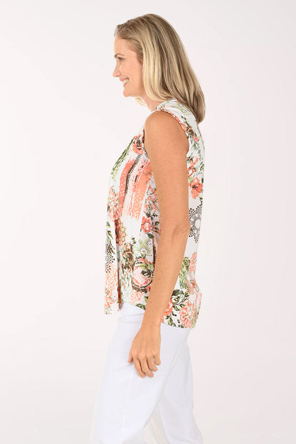 Peach Rose Potpourri Pleated Sleeveless Top