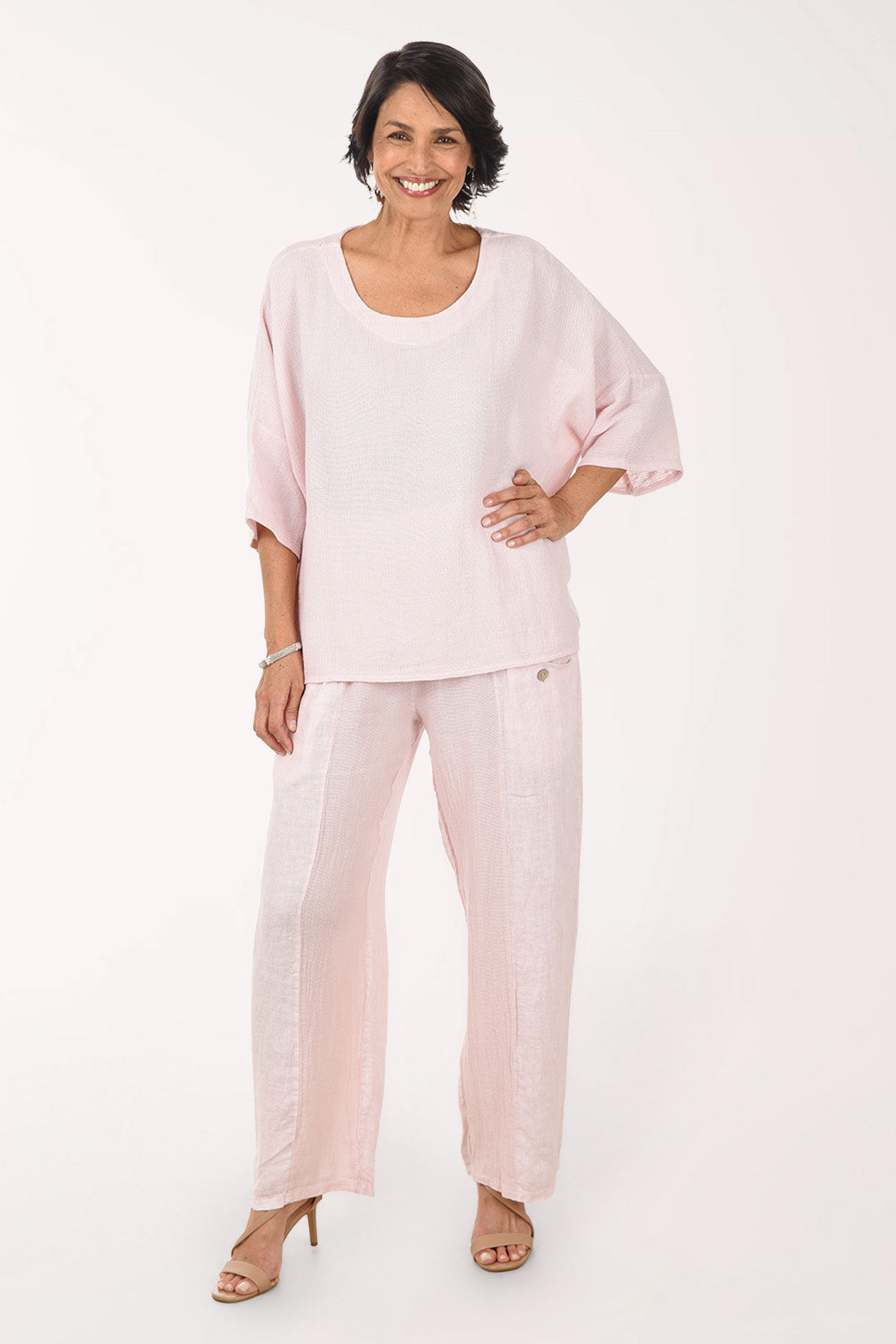Mesh Accented Linen-Blend Gauze Pant