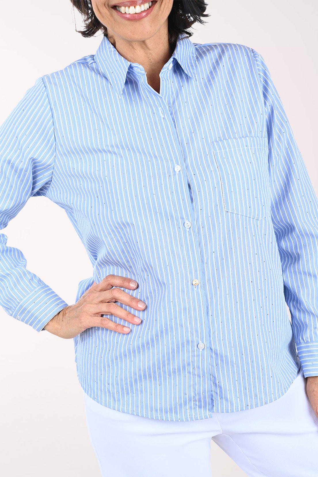 Rhinestone Pinstriped Button-Front Shirt