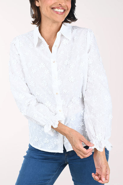 Floral Applique Ruffled Cuff Shirt