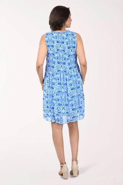 Blue Rosebuds Sleeveless Pleated Dress