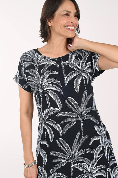 Black Palm Trees Cuffed Short Sleeve Dress