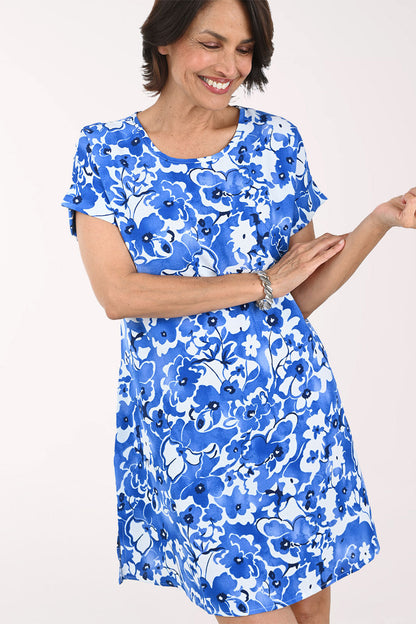 Blue Floral Cuffed Short Sleeve Dress