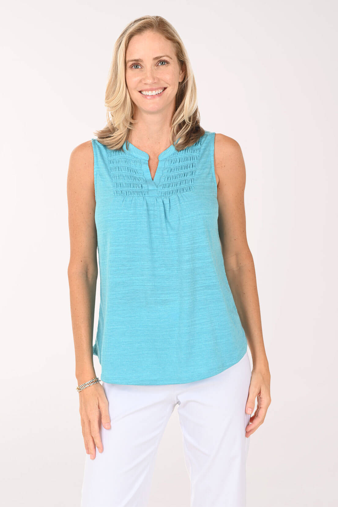 Slub Knit Smocked Front Sleeveless Top