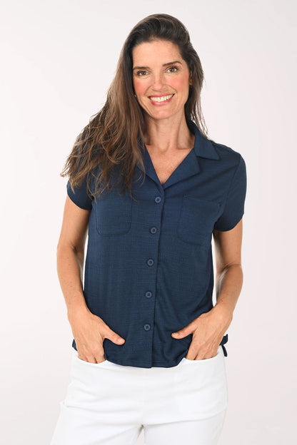 Slub Knit Button-Front Short Sleeve Top