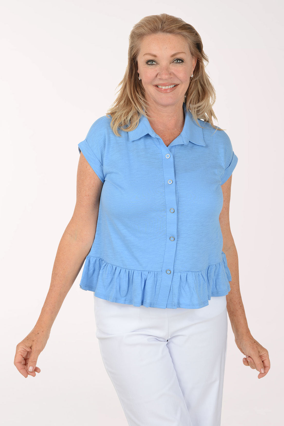 Ruffled Peplum Hem Button Front Top